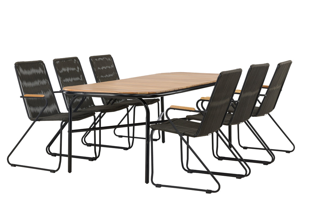 Holmbeck matgrupp med 6 Bois-stolar 90x200x75 cm svart och mörkgrå
