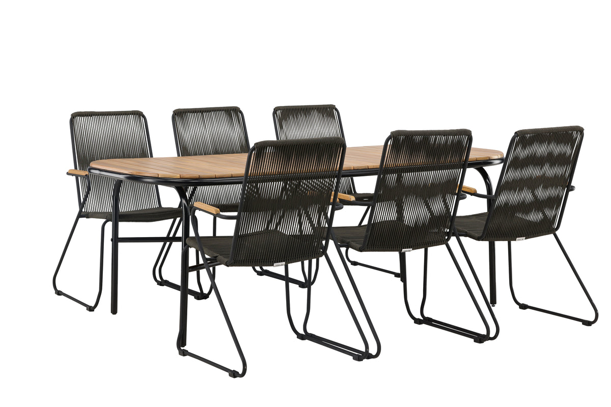 Holmbeck matgrupp med 6 Bois-stolar 90x200x75 cm svart och mörkgrå