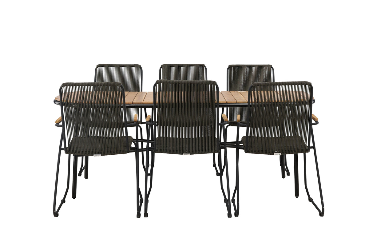 Holmbeck matgrupp med 6 Bois-stolar 90x200x75 cm svart och mörkgrå