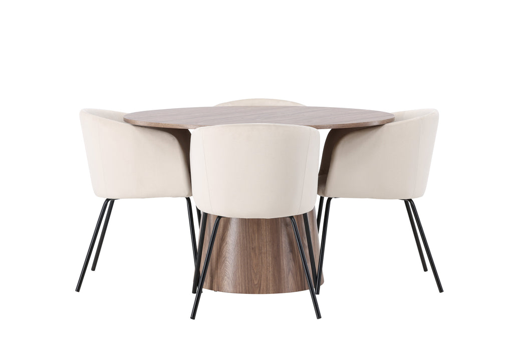Lanzo matgrupp med 4 Berit-stolar Ø120 cm natur/svart/beige MDF/sammet