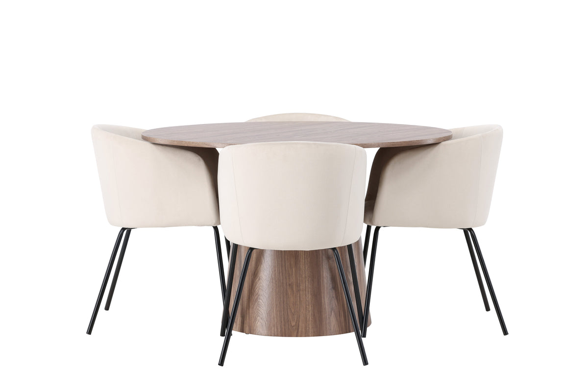 Lanzo matgrupp med 4 Berit-stolar Ø120 cm natur/svart/beige MDF/sammet