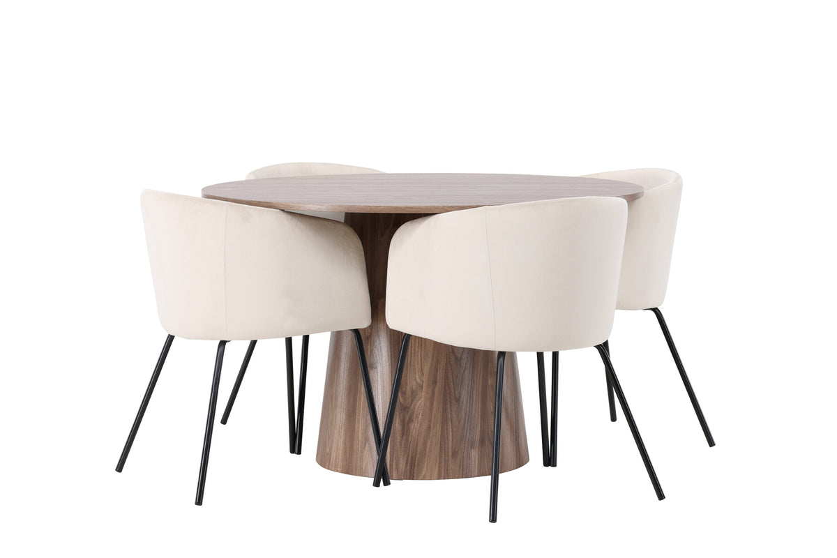 Lanzo matgrupp med 4 Berit-stolar Ø120 cm natur/svart/beige MDF/sammet