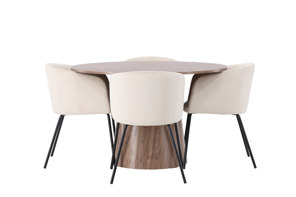 Lanzo matgrupp med 4 Berit-stolar Ø120 cm natur/svart/beige MDF/sammet