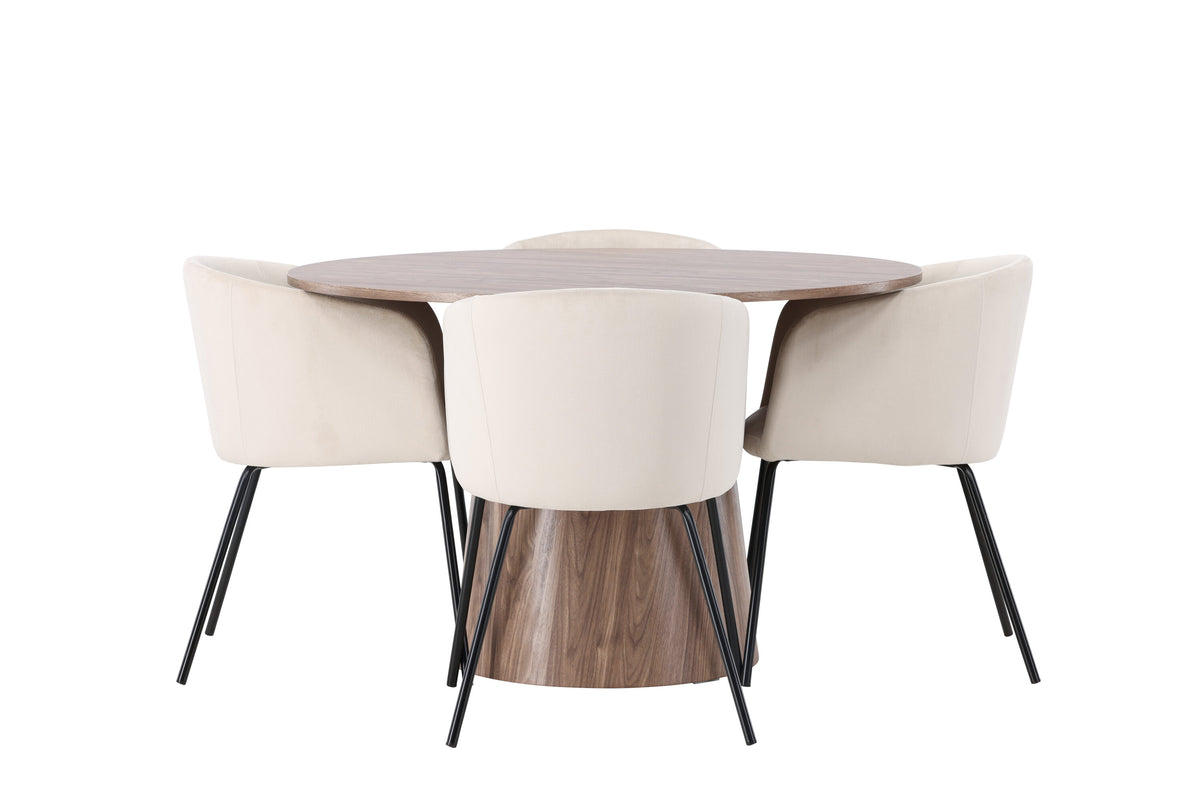 Lanzo matgrupp med 4 Berit-stolar Ø120 cm natur/svart/beige MDF/sammet
