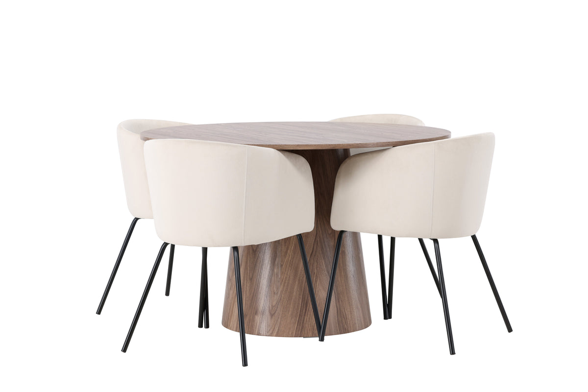 Lanzo matgrupp med 4 Berit-stolar Ø120 cm natur/svart/beige MDF/sammet