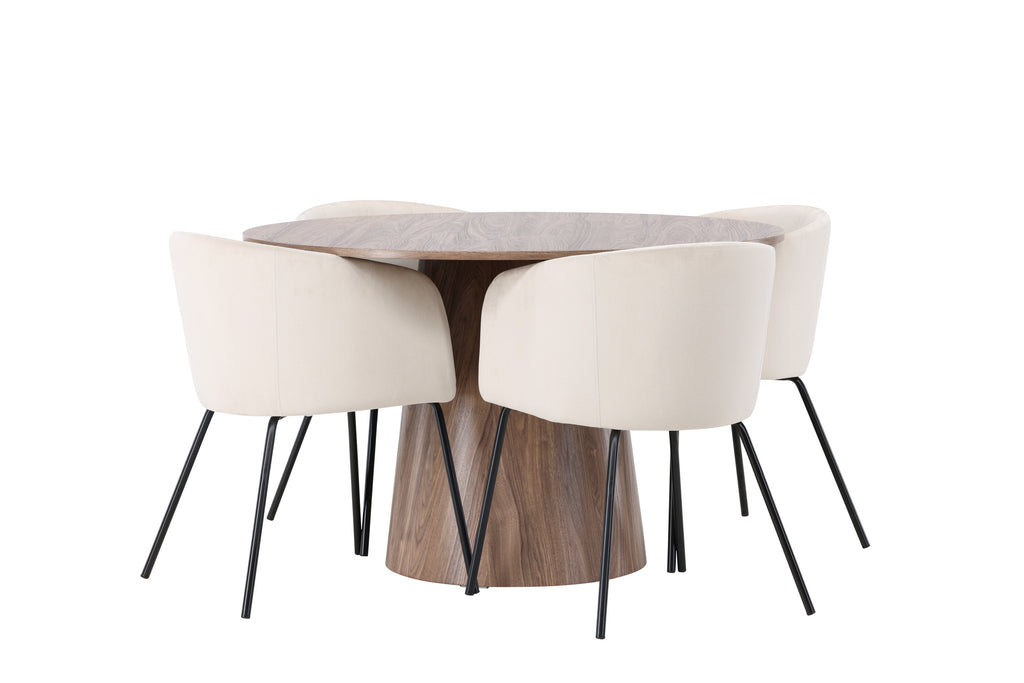 Lanzo matgrupp med 4 Berit-stolar Ø120 cm natur/svart/beige MDF/sammet