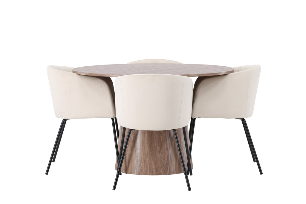 Lanzo matgrupp med 4 Berit-stolar Ø120 cm natur/svart/beige MDF/sammet