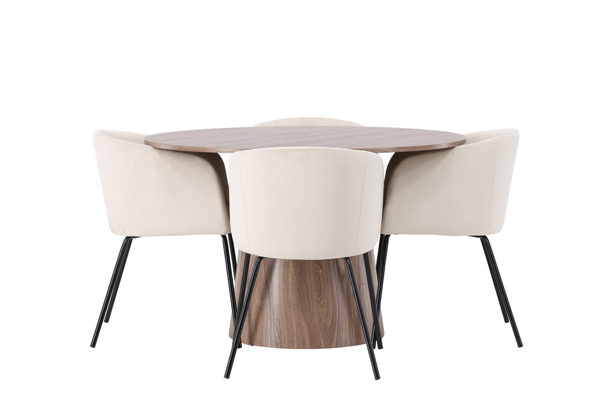 Lanzo matgrupp med 4 Berit-stolar Ø120 cm natur/svart/beige MDF/sammet