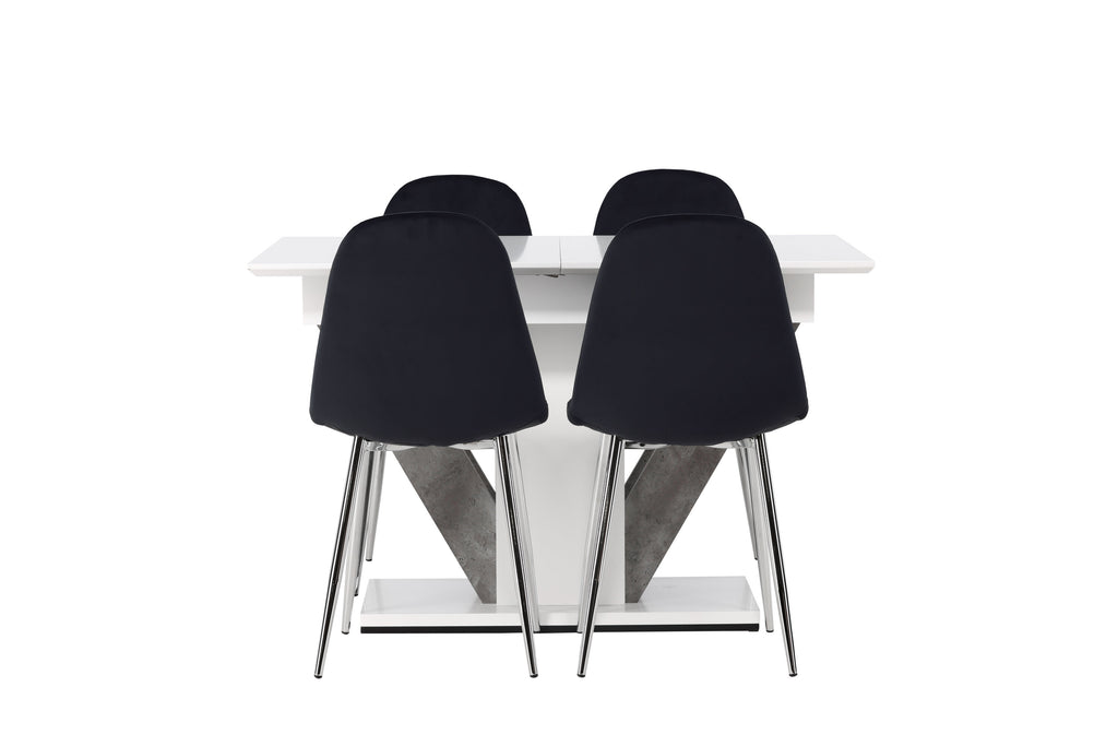 Disa matgrupp med 4 Polar-stolar 120/160x80 cm vit/grå med svart sammet och krom