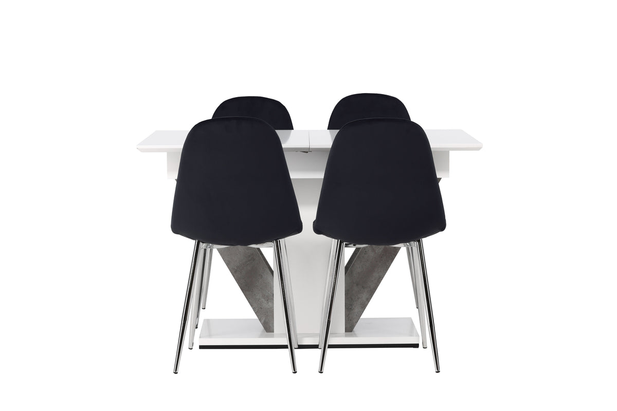 Disa matgrupp med 4 Polar-stolar 120/160x80 cm vit/grå med svart sammet och krom