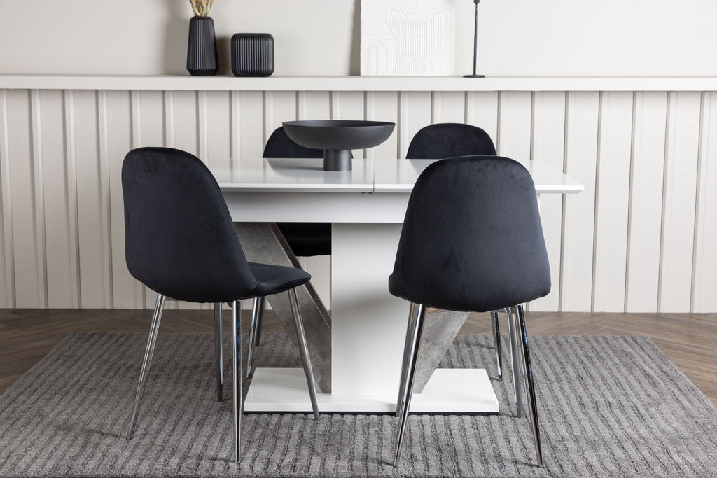 Disa matgrupp med 4 Polar-stolar 120/160x80 cm vit/grå med svart sammet och krom