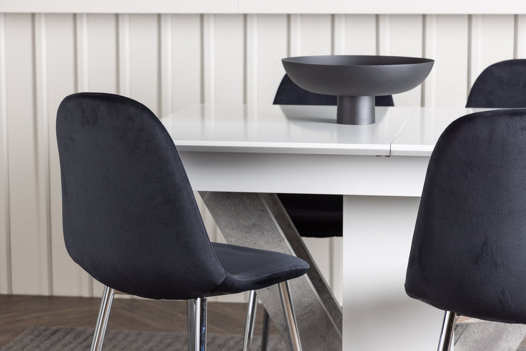 Disa matgrupp med 4 Polar-stolar 120/160x80 cm vit/grå med svart sammet och krom