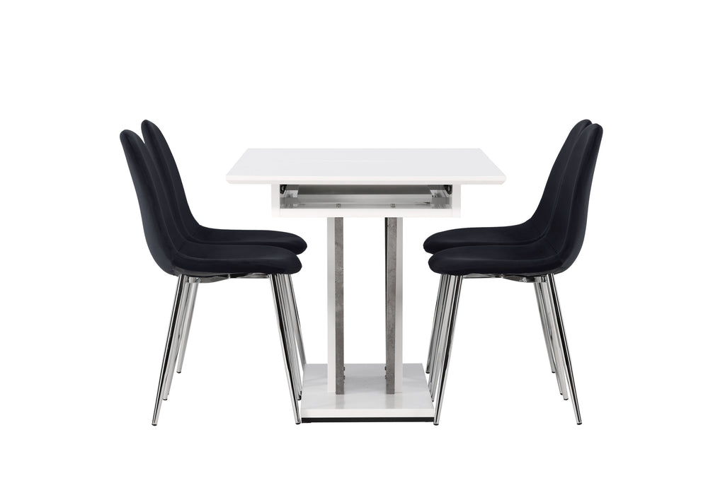 Disa matgrupp med 4 Polar-stolar 120/160x80 cm vit/grå med svart sammet och krom