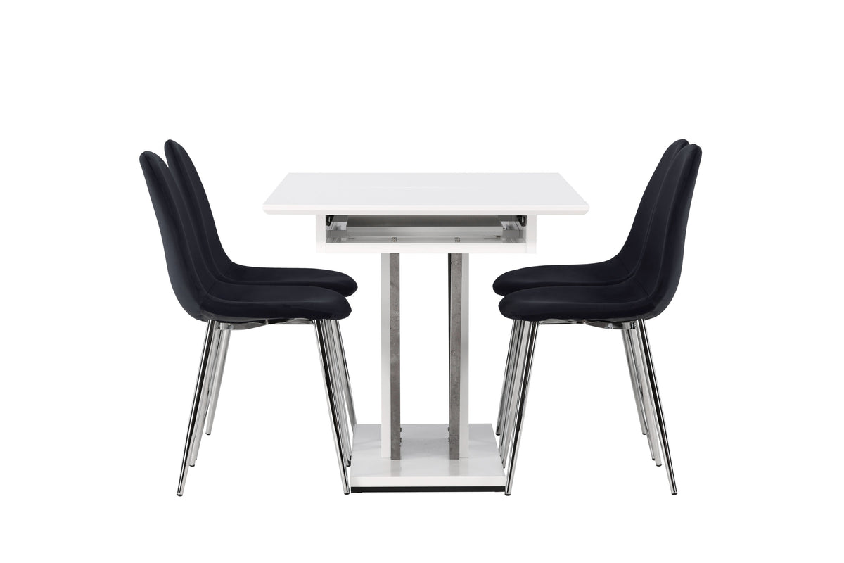 Disa matgrupp med 4 Polar-stolar 120/160x80 cm vit/grå med svart sammet och krom