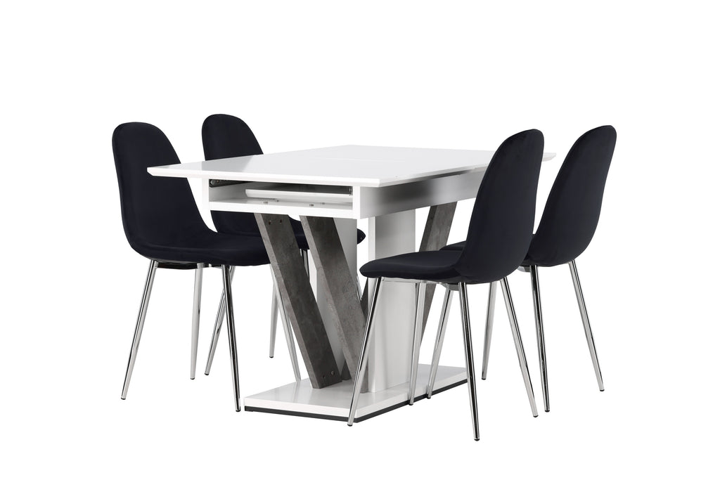 Disa matgrupp med 4 Polar-stolar 120/160x80 cm vit/grå med svart sammet och krom