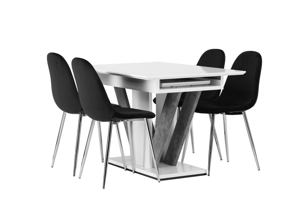 Disa matgrupp med 4 Polar-stolar 120/160x80 cm vit/grå med svart sammet och krom