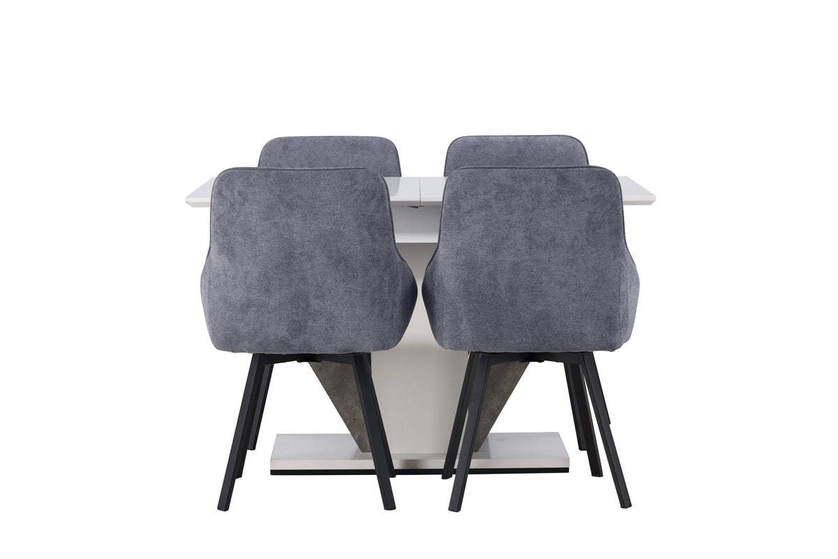 Disa matgrupp med 4 Rosie-stolar 120/160x80 cm vit/grå med mörkgrått tyg och svarta ben