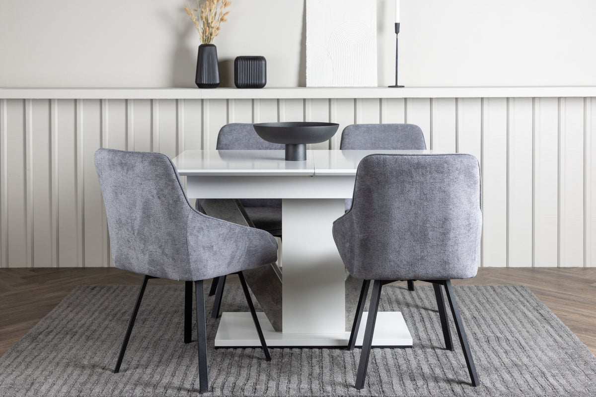 Disa matgrupp med 4 Rosie-stolar 120/160x80 cm vit/grå med mörkgrått tyg och svarta ben