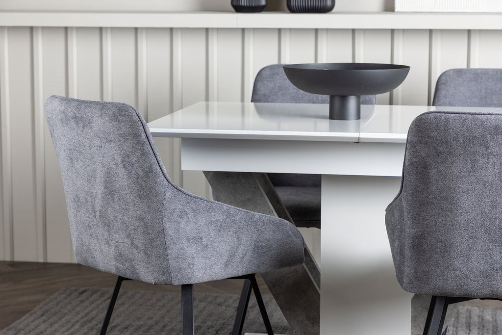 Disa matgrupp med 4 Rosie-stolar 120/160x80 cm vit/grå med mörkgrått tyg och svarta ben