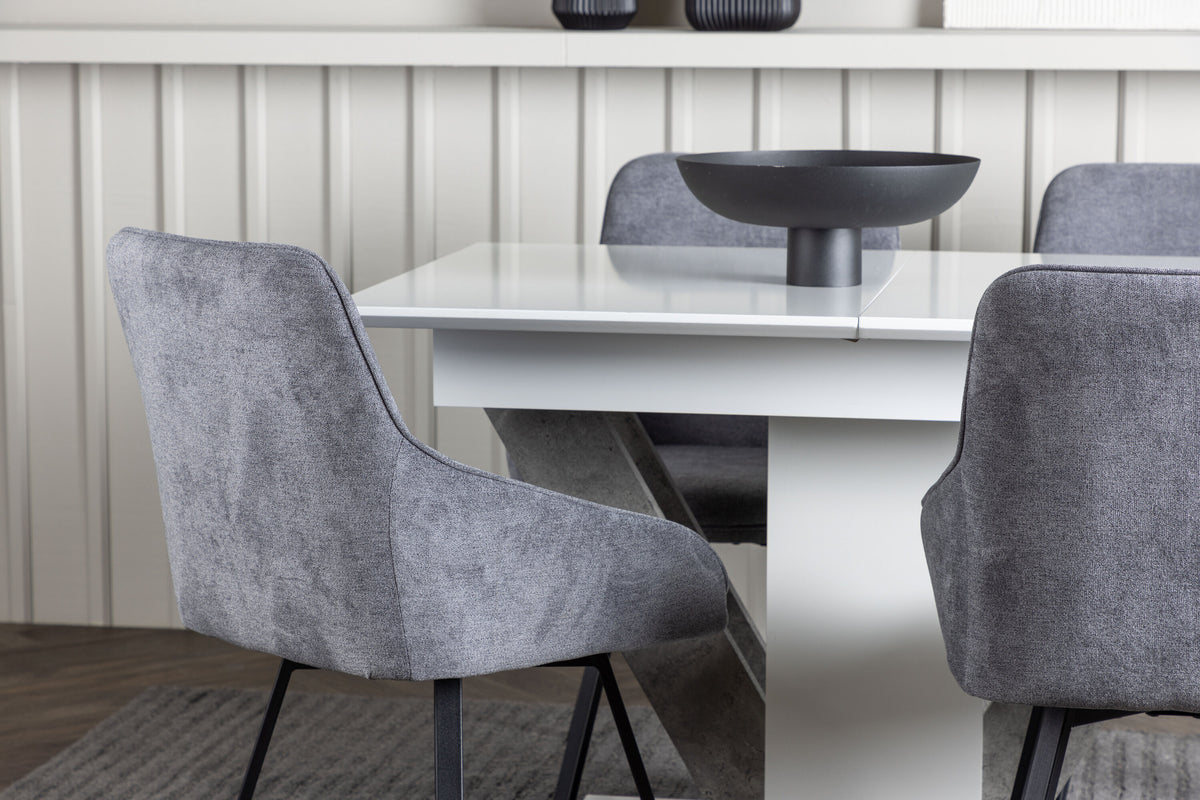 Disa matgrupp med 4 Rosie-stolar 120/160x80 cm vit/grå med mörkgrått tyg och svarta ben