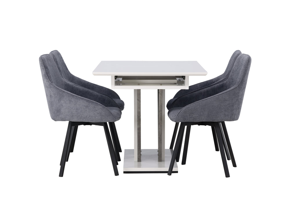 Disa matgrupp med 4 Rosie-stolar 120/160x80 cm vit/grå med mörkgrått tyg och svarta ben
