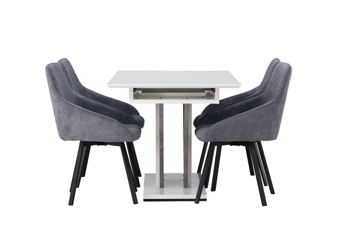 Disa matgrupp med 4 Rosie-stolar 120/160x80 cm vit/grå med mörkgrått tyg och svarta ben