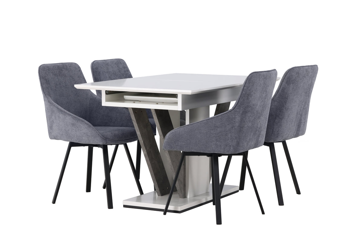 Disa matgrupp med 4 Rosie-stolar 120/160x80 cm vit/grå med mörkgrått tyg och svarta ben