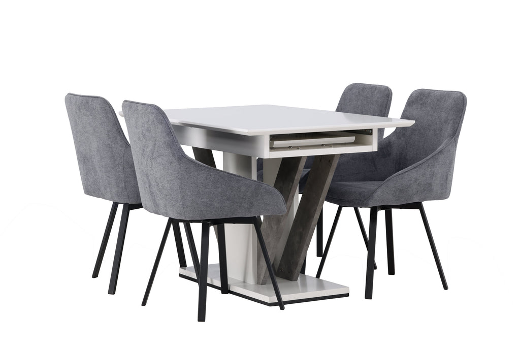 Disa matgrupp med 4 Rosie-stolar 120/160x80 cm vit/grå med mörkgrått tyg och svarta ben