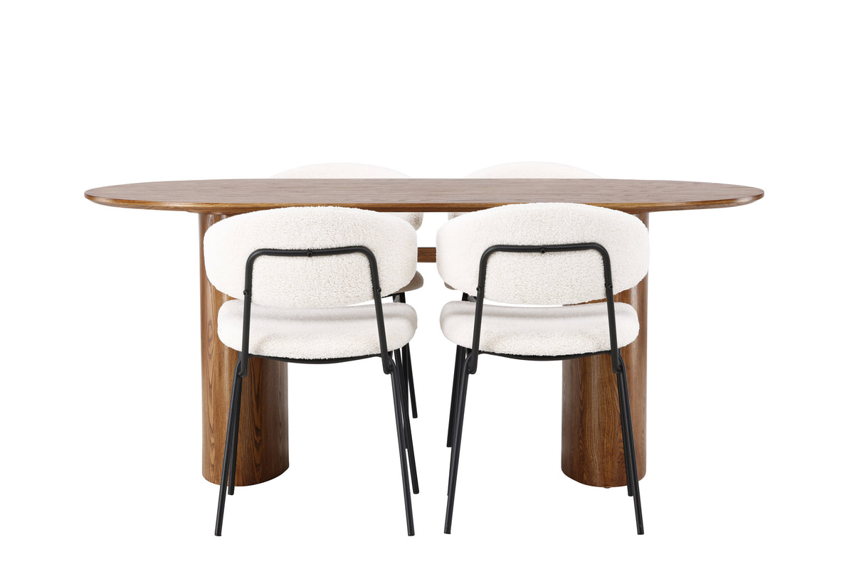 Isolde matgrupp med 4 Chico-stolar 140x75 cm naturfärgad MDF och vit bouclé med svarta ben