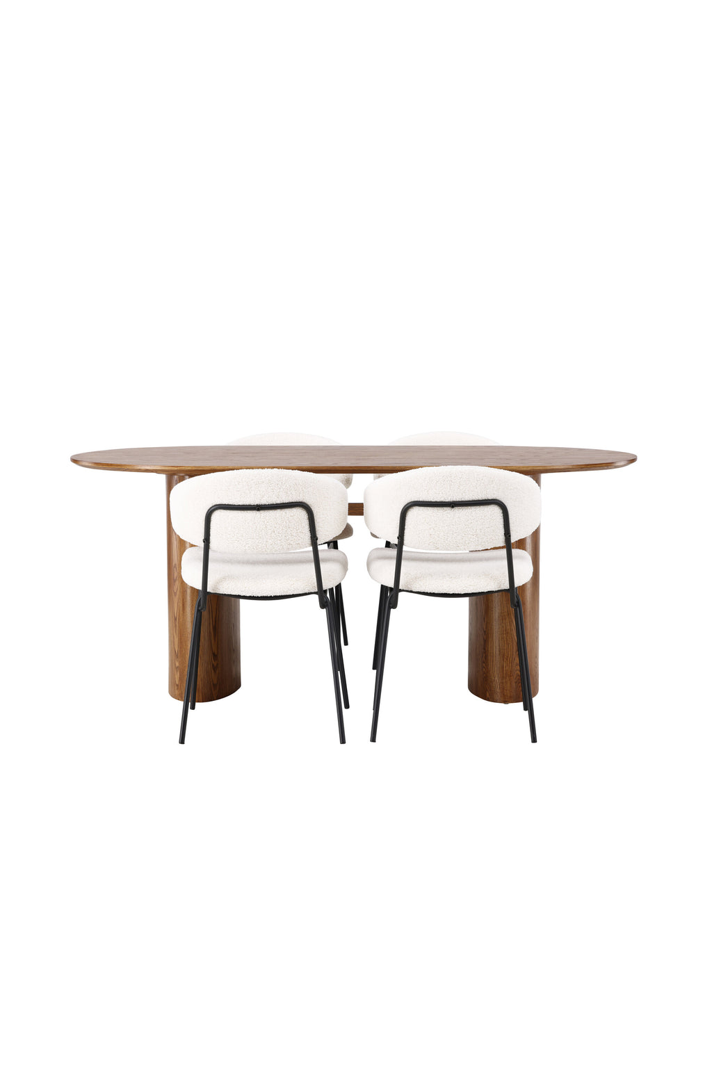 Isolde matgrupp med 4 Chico-stolar 140x75 cm naturfärgad MDF och vit bouclé med svarta ben