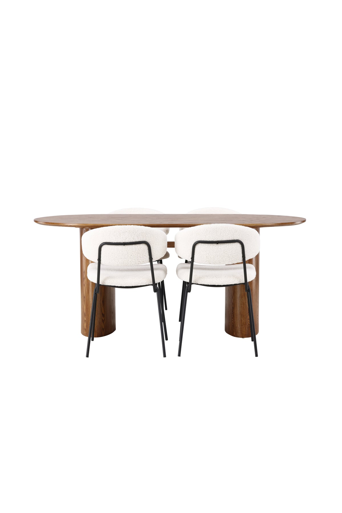 Isolde matgrupp med 4 Chico-stolar 140x75 cm naturfärgad MDF och vit bouclé med svarta ben