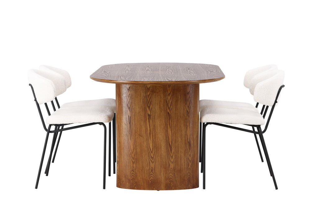 Isolde matgrupp med 4 Chico-stolar 140x75 cm naturfärgad MDF och vit bouclé med svarta ben