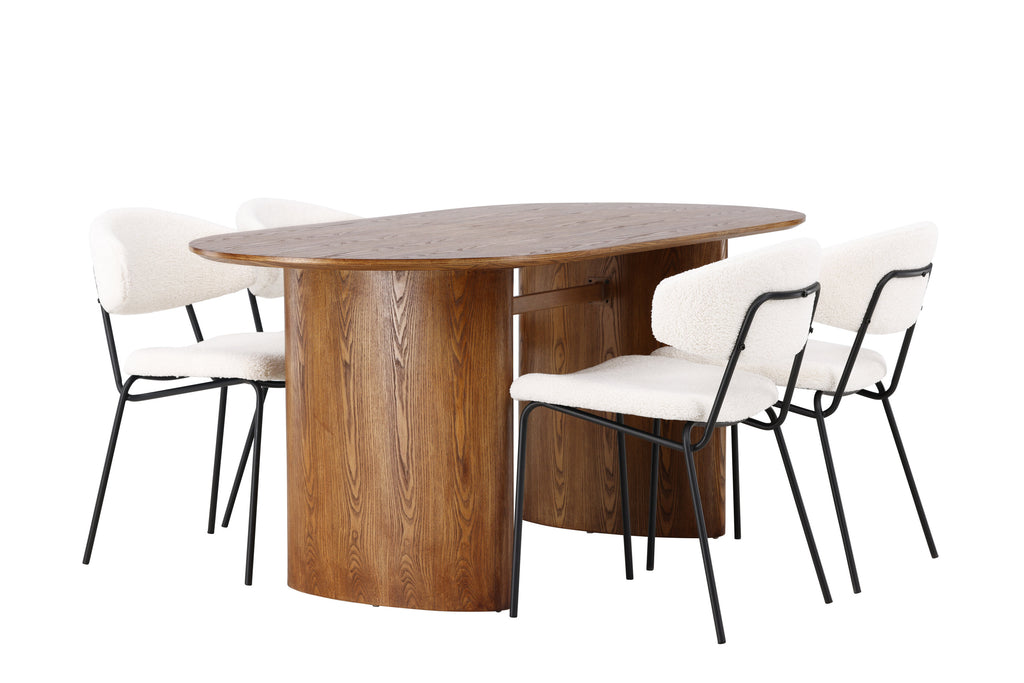 Isolde matgrupp med 4 Chico-stolar 140x75 cm naturfärgad MDF och vit bouclé med svarta ben