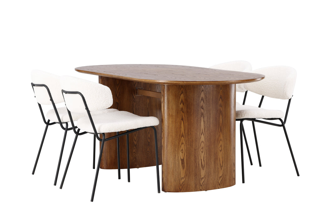 Isolde matgrupp med 4 Chico-stolar 140x75 cm naturfärgad MDF och vit bouclé med svarta ben