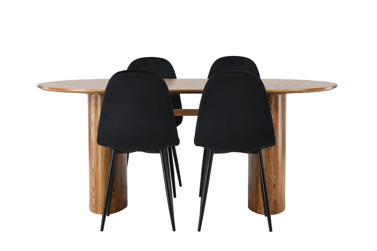 Isolde matgrupp med 4 Polar-stolar 140x75 cm naturfärgad MDF och svart sammet med svarta ben