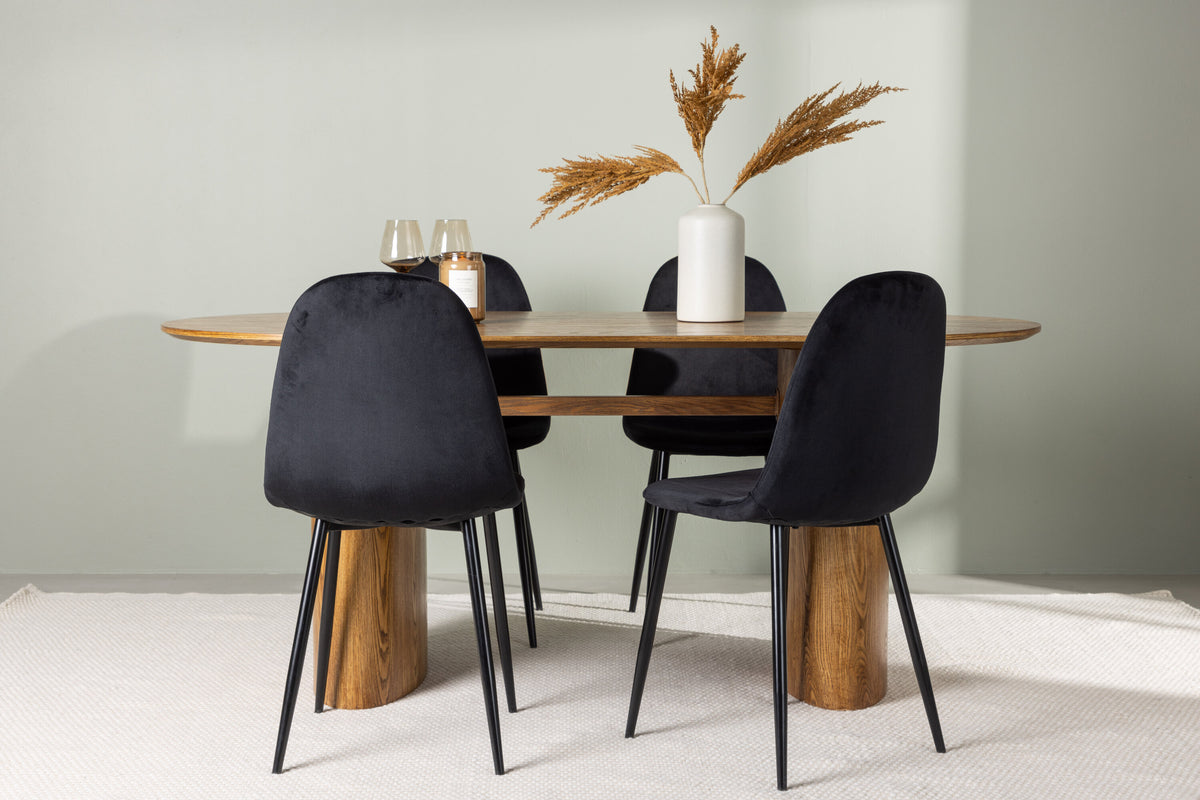 Isolde matgrupp med 4 Polar-stolar 140x75 cm naturfärgad MDF och svart sammet med svarta ben