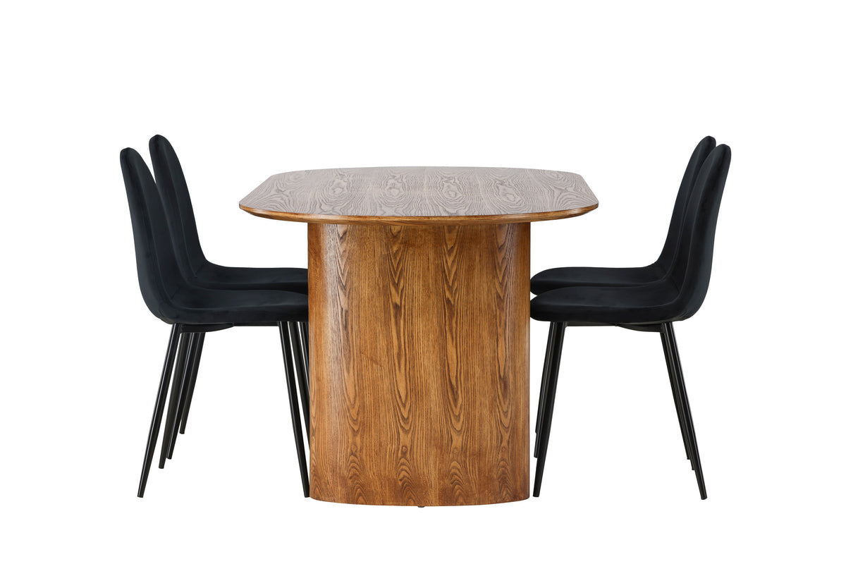 Isolde matgrupp med 4 Polar-stolar 140x75 cm naturfärgad MDF och svart sammet med svarta ben