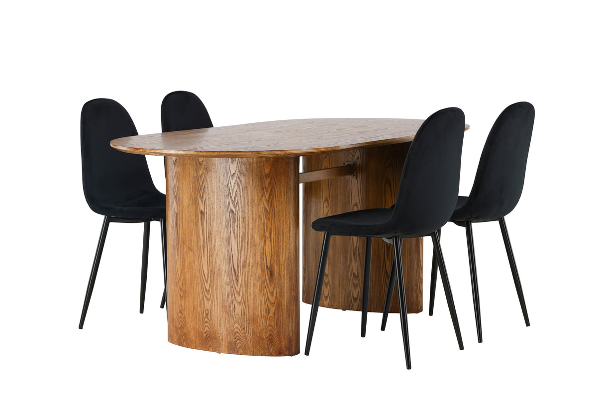 Isolde matgrupp med 4 Polar-stolar 140x75 cm naturfärgad MDF och svart sammet med svarta ben