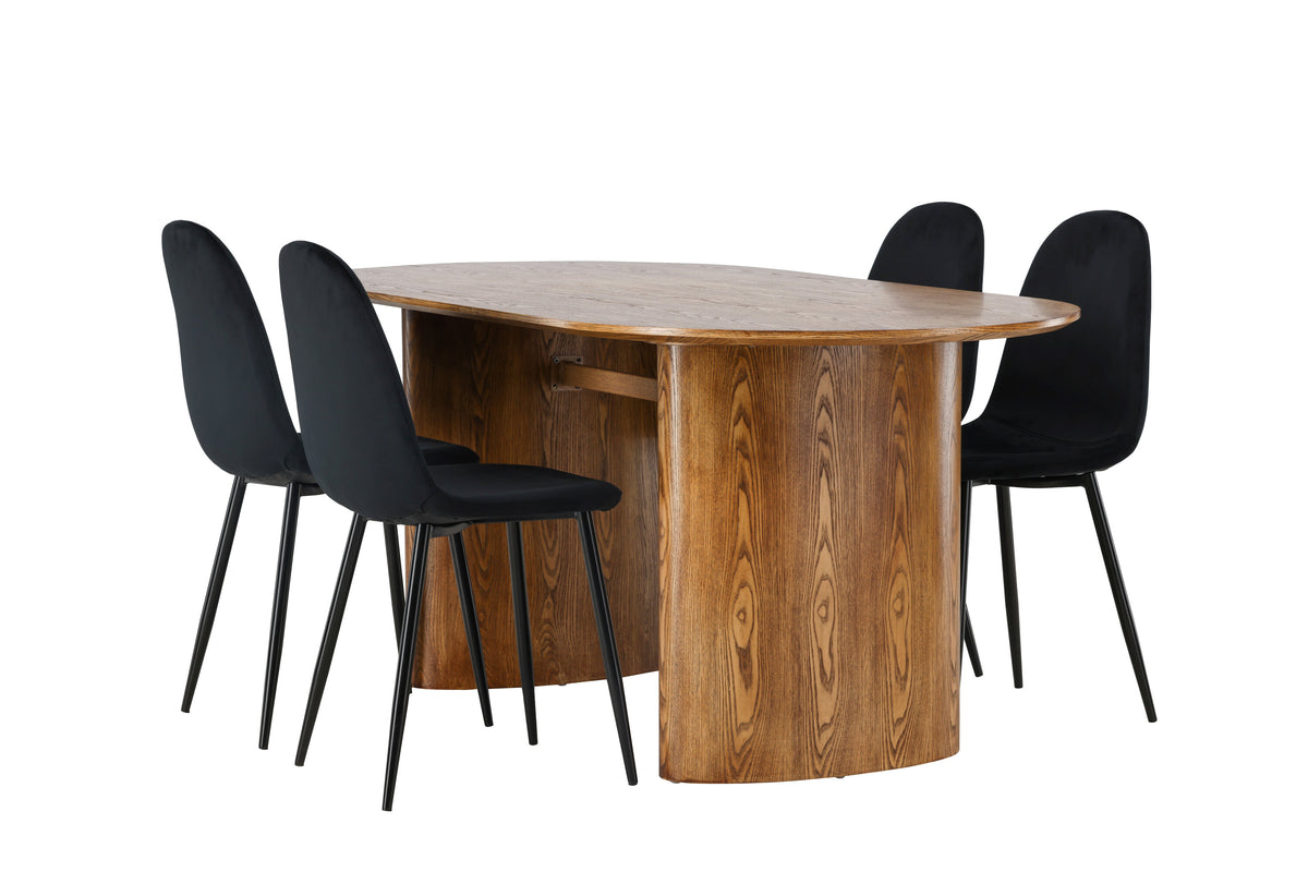 Isolde matgrupp med 4 Polar-stolar 140x75 cm naturfärgad MDF och svart sammet med svarta ben