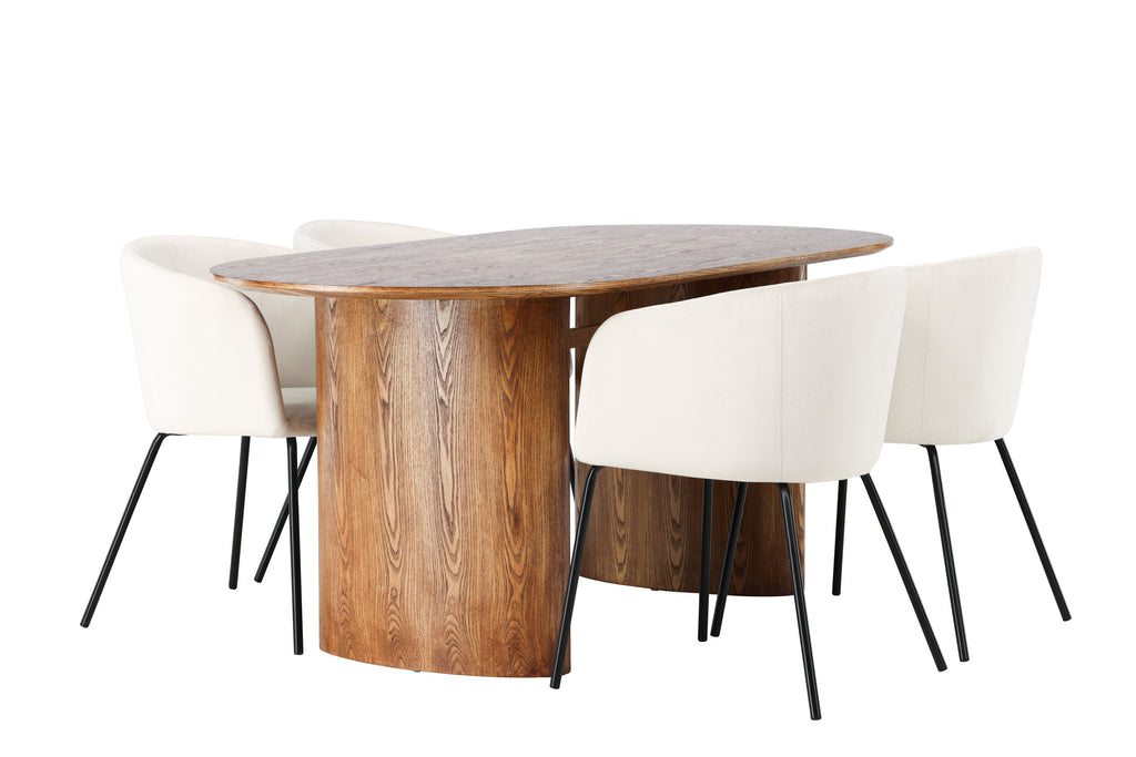 Isolde matgrupp med 4 Berit-stolar 140x75 cm naturfärgad MDF och beige sammet med svarta ben