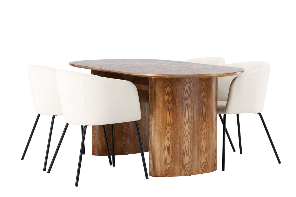 Isolde matgrupp med 4 Berit-stolar 140x75 cm naturfärgad MDF och beige sammet med svarta ben