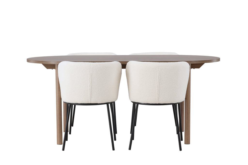 Andy matgrupp med 4 Edina-stolar 180x75 cm natur/svart/vit bouclé