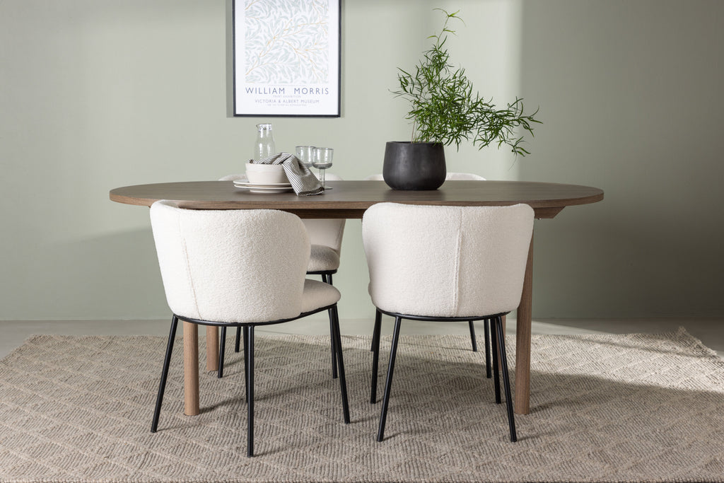 Andy matgrupp med 4 Edina-stolar 180x75 cm natur/svart/vit bouclé