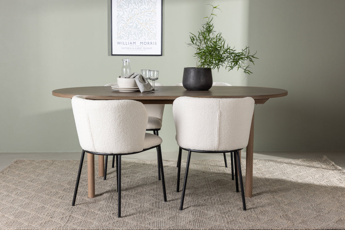 Andy matgrupp med 4 Edina-stolar 180x75 cm natur/svart/vit bouclé