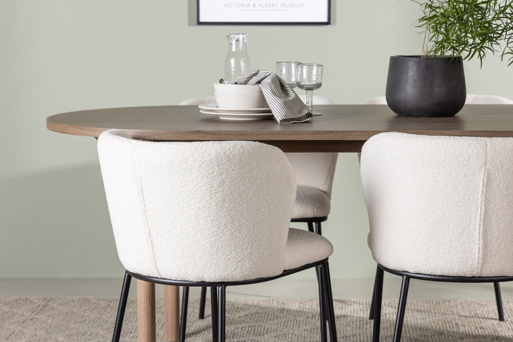 Andy matgrupp med 4 Edina-stolar 180x75 cm natur/svart/vit bouclé