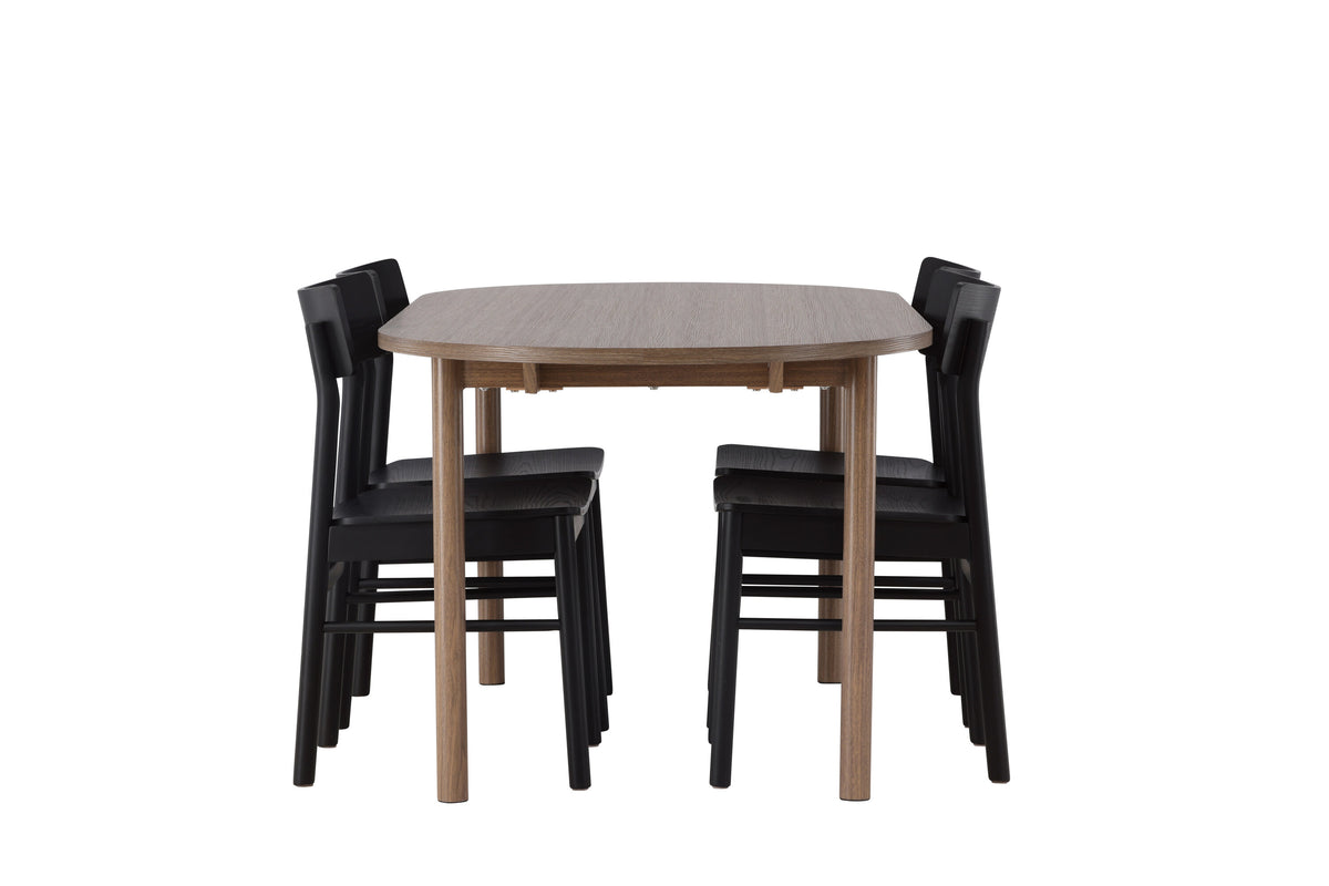 Andy matgrupp 180x75 cm naturfärgad MDF med 4 Montros stolar i naturfärgat gummiträ