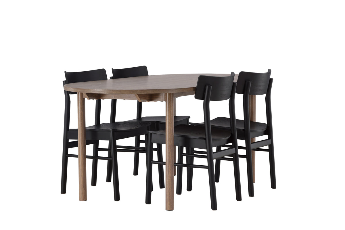 Andy matgrupp 180x75 cm naturfärgad MDF med 4 Montros stolar i naturfärgat gummiträ