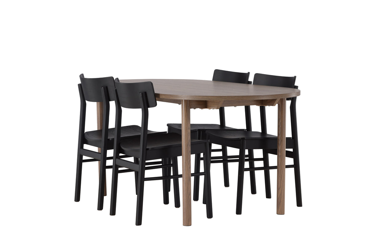 Andy matgrupp 180x75 cm naturfärgad MDF med 4 Montros stolar i naturfärgat gummiträ