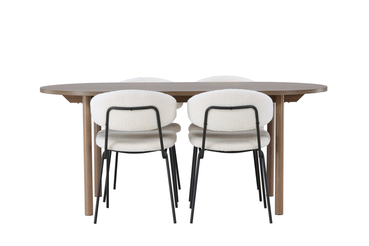 Andy matgrupp 180x75 cm naturfärgad MDF med 4 Chico stolar i svart och vit bouclé
