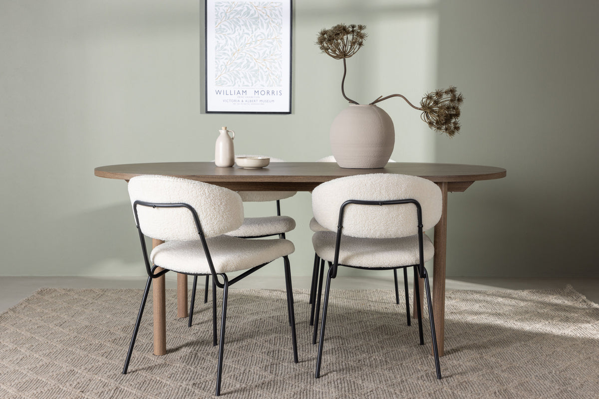 Andy matgrupp 180x75 cm naturfärgad MDF med 4 Chico stolar i svart och vit bouclé